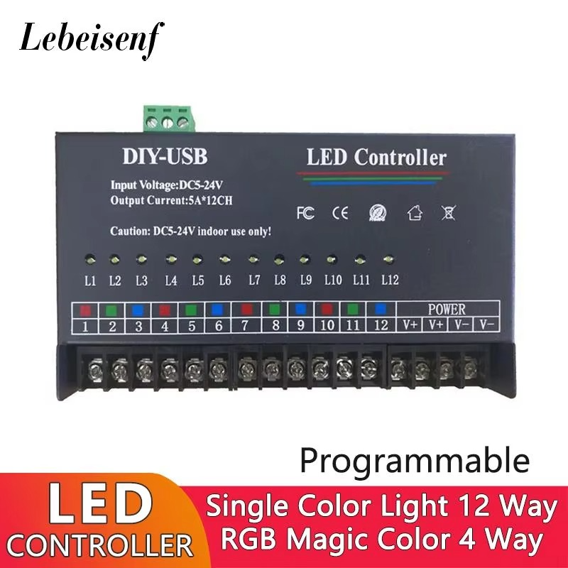 12-Way Single Color PWM Power Dimmer LED Strip Light Programmable USB Controller DC 12V 24V 60A for DIY Dynamic Advertising Sign