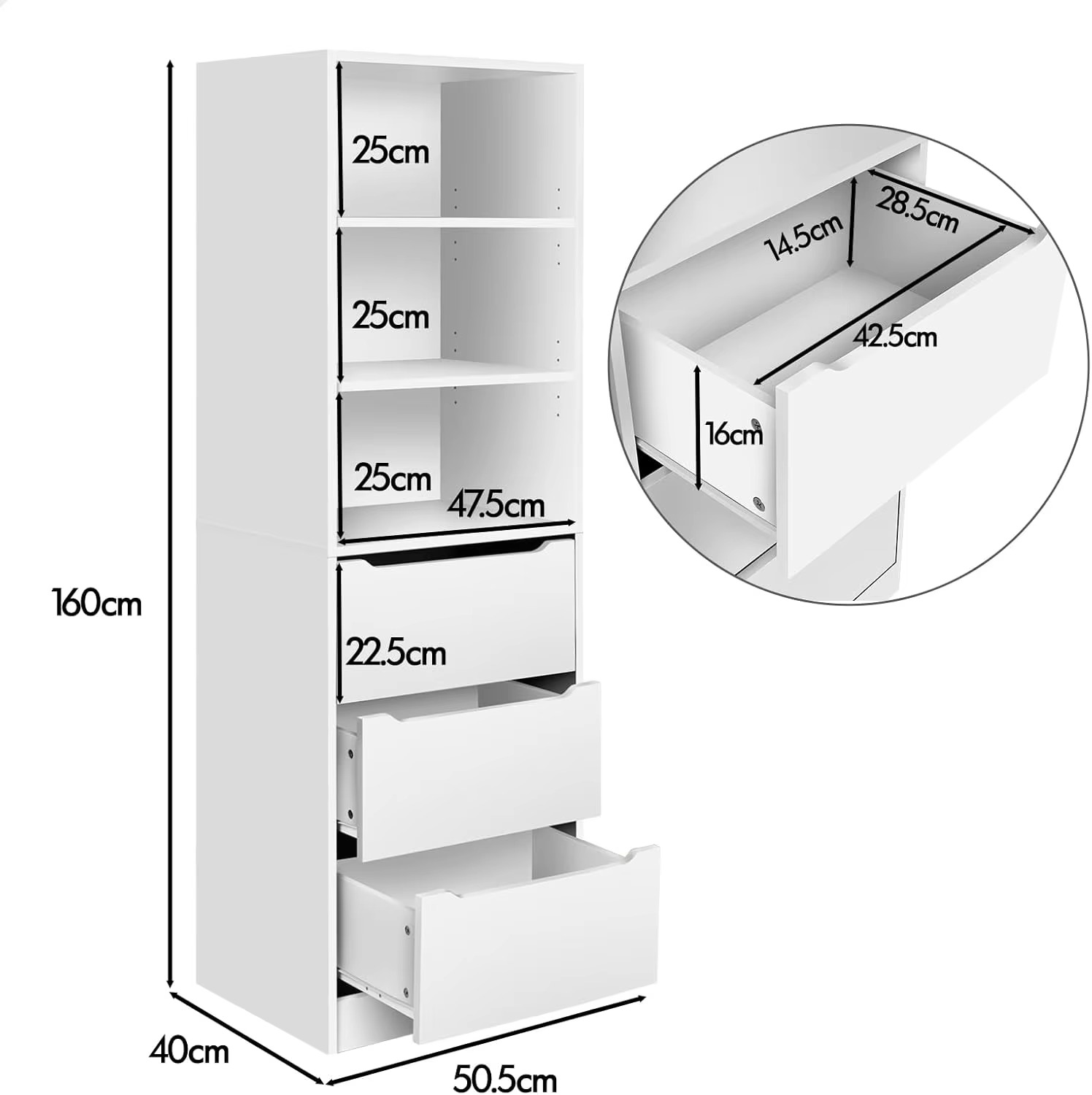 Wooden Wardrobe Cabinet with 3 Drawers and Adjustable Shelves, 50.5X 40x 160 cm, Compact Design Closet Clothes Storage, Dresser