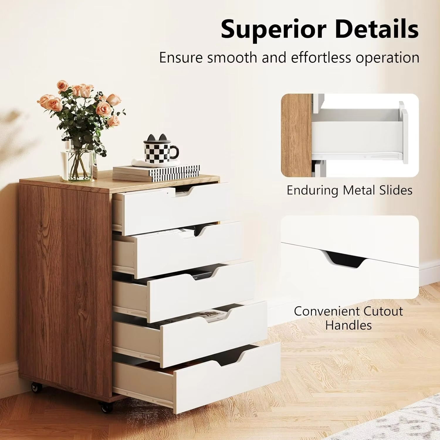 5-Drawer Chest of Drawers, Wooden Dresser Chest, Mobile Lateral Filing Cabinet with Wheels, Uder Desk Drawer Tallboy