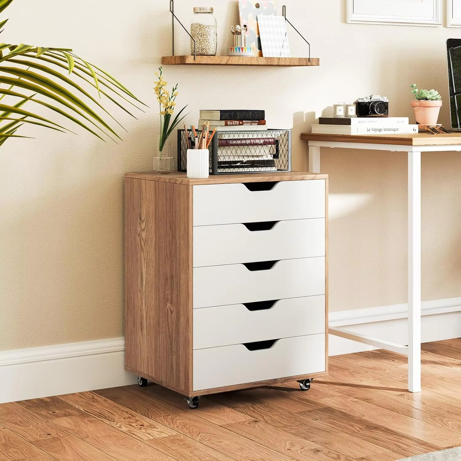 5-Drawer Chest of Drawers, Wooden Dresser Chest, Mobile Lateral Filing Cabinet with Wheels, Uder Desk Drawer Tallboy