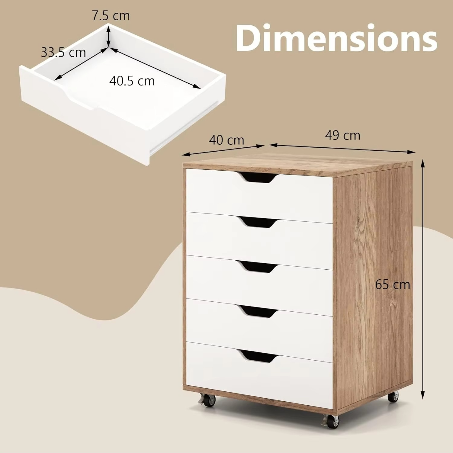 5-Drawer Chest of Drawers, Wooden Dresser Chest, Mobile Lateral Filing Cabinet with Wheels, Uder Desk Drawer Tallboy