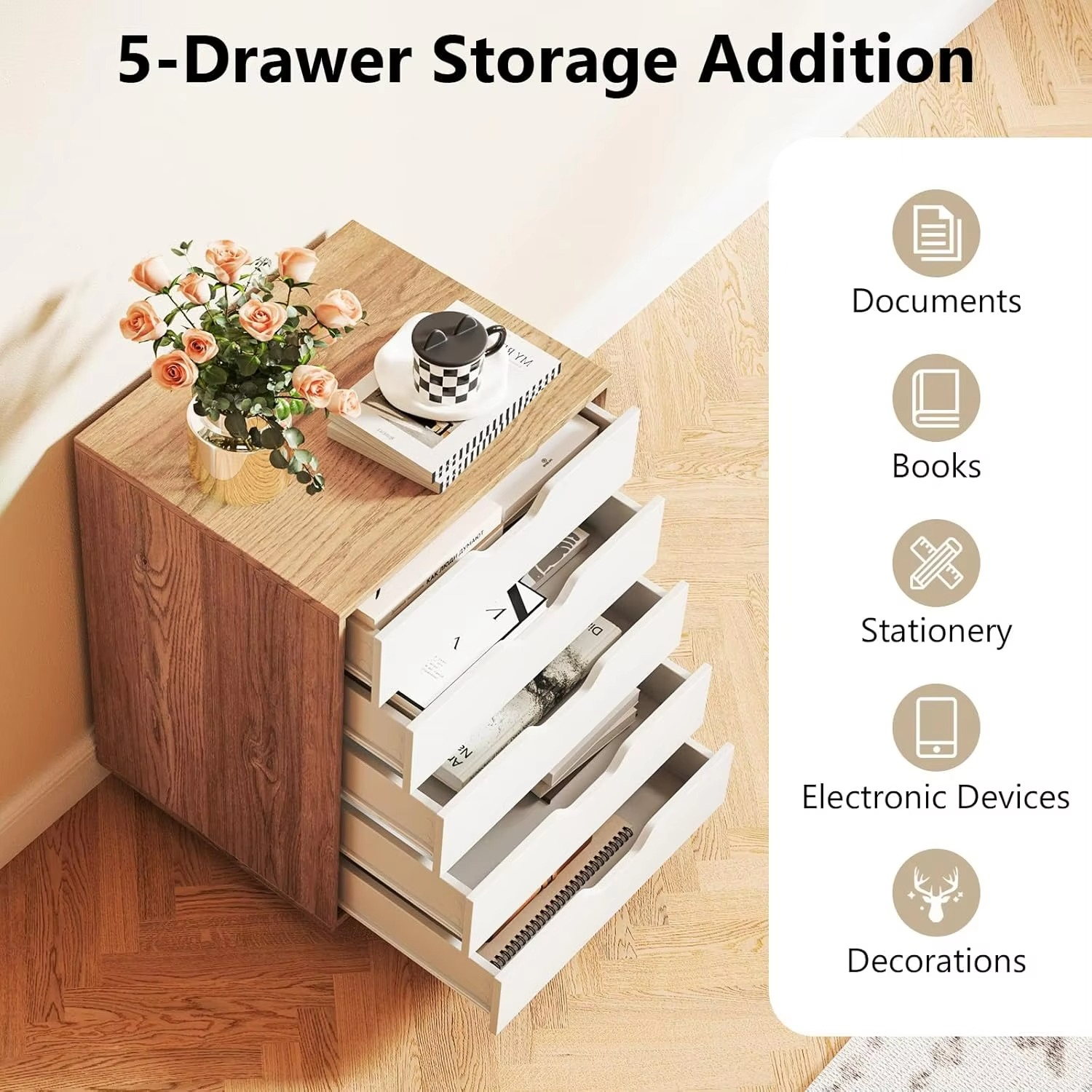 5-Drawer Chest of Drawers, Wooden Dresser Chest, Mobile Lateral Filing Cabinet with Wheels, Uder Desk Drawer Tallboy