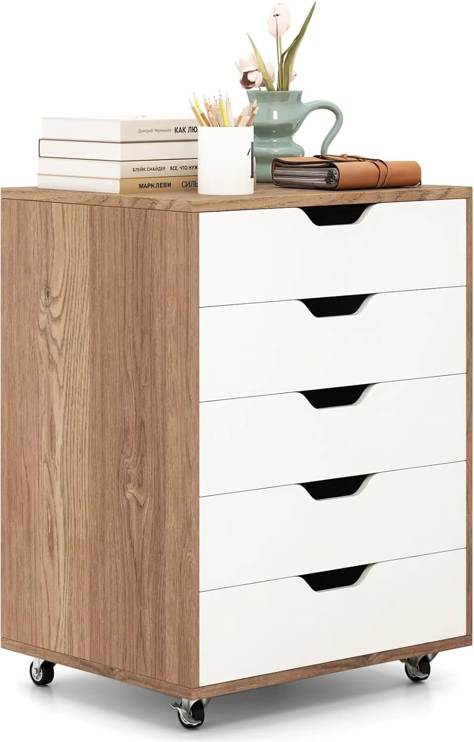 5-Drawer Chest of Drawers, Wooden Dresser Chest, Mobile Lateral Filing Cabinet with Wheels, Uder Desk Drawer Tallboy