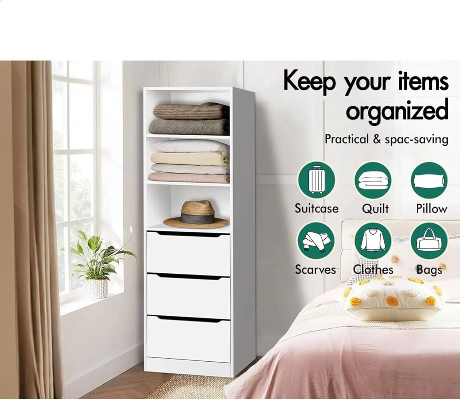 Wooden Wardrobe Cabinet with 3 Drawers and Adjustable Shelves, 50.5X 40x 160 cm, Compact Design Closet Clothes Storage