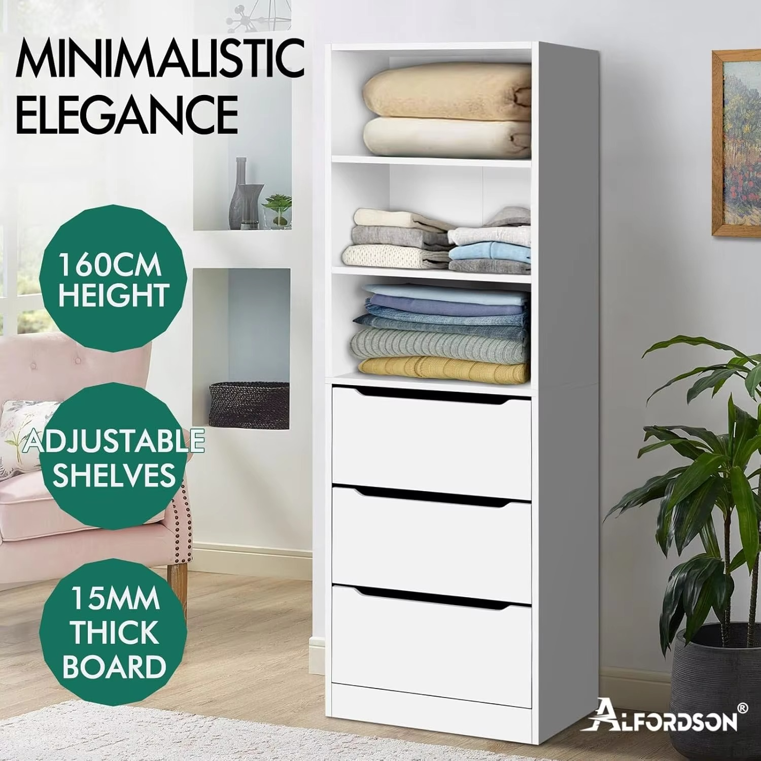 Wooden Wardrobe Cabinet with 3 Drawers and Adjustable Shelves, 50.5X 40x 160 cm, Compact Design Closet Clothes Storage