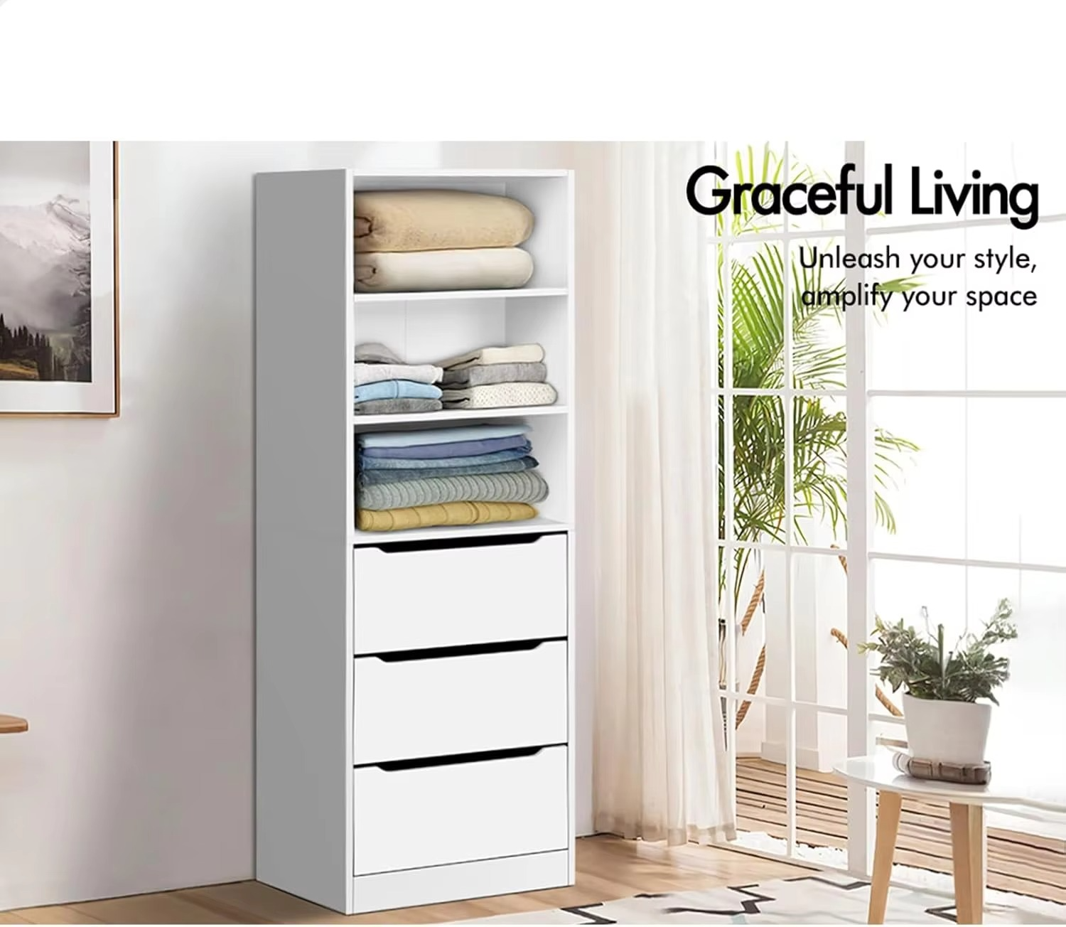 Wooden Wardrobe Cabinet with 3 Drawers and Adjustable Shelves, 50.5X 40x 160 cm, Compact Design Closet Clothes Storage