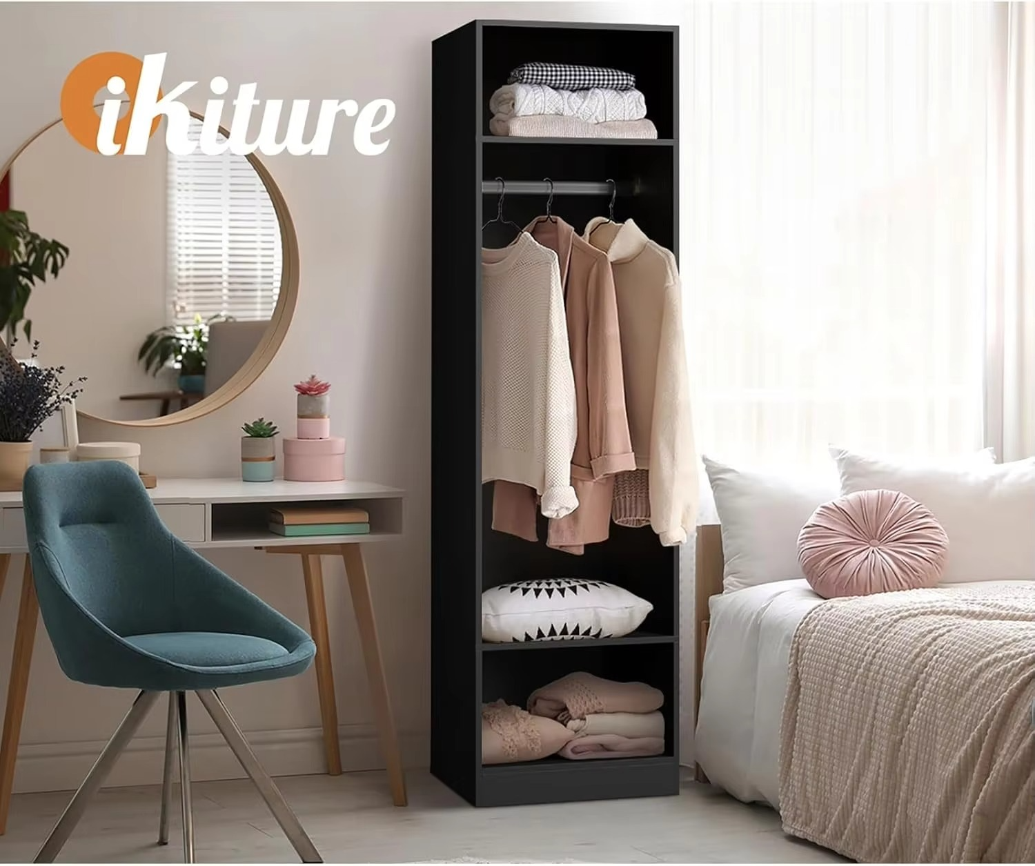 bedroom furniture Wardrobe 50.5 x 40 x 185cm Cupboard with 2 Tier Storage Shelves and Hanging Rail Clothes Cabinet Organiser Bla