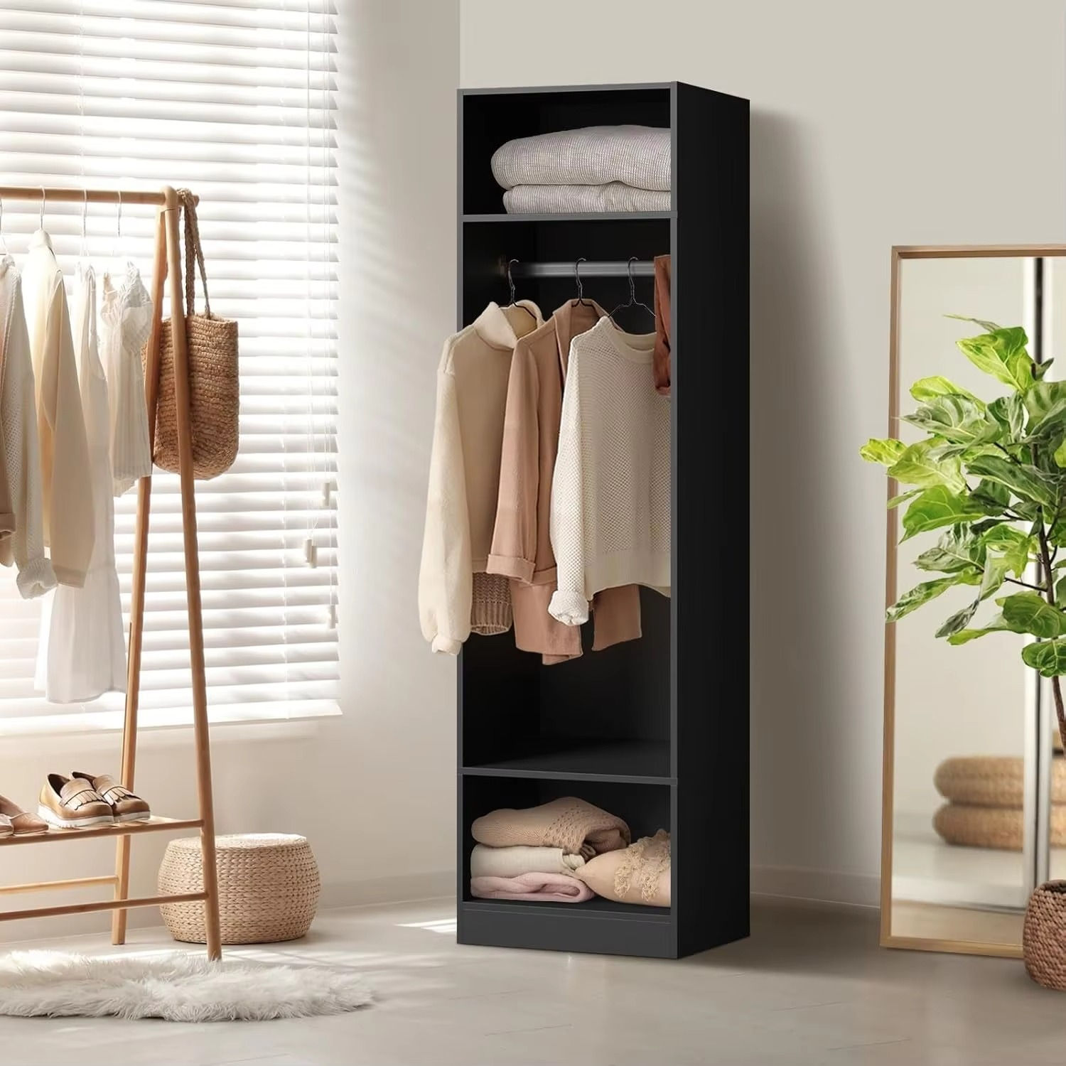 bedroom furniture Wardrobe 50.5 x 40 x 185cm Cupboard with 2 Tier Storage Shelves and Hanging Rail Clothes Cabinet Organiser Bla
