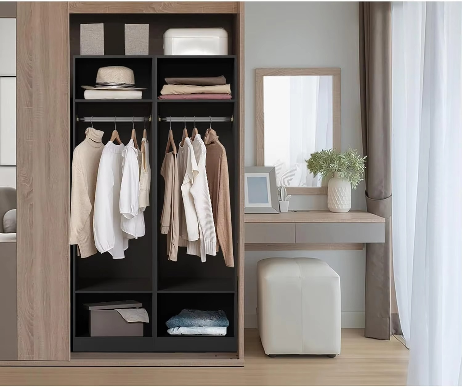 bedroom furniture Wardrobe 50.5 x 40 x 185cm Cupboard with 2 Tier Storage Shelves and Hanging Rail Clothes Cabinet Organiser Bla