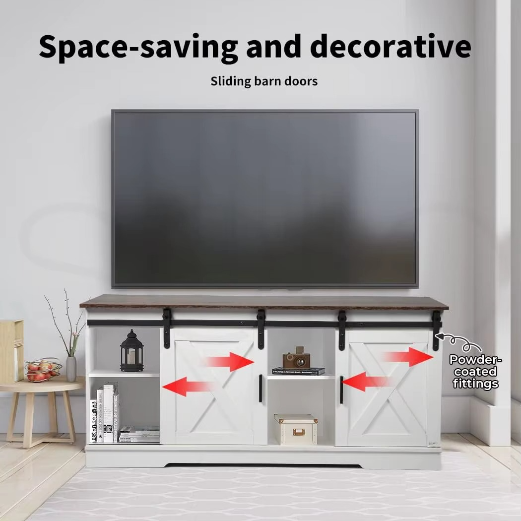 Cabinet Entertainment Unit Stand Wooden Table Sliding Barn Door, TV Unit Cabinet Adjustable Shelves, Cable Holes, Waterproof Sur