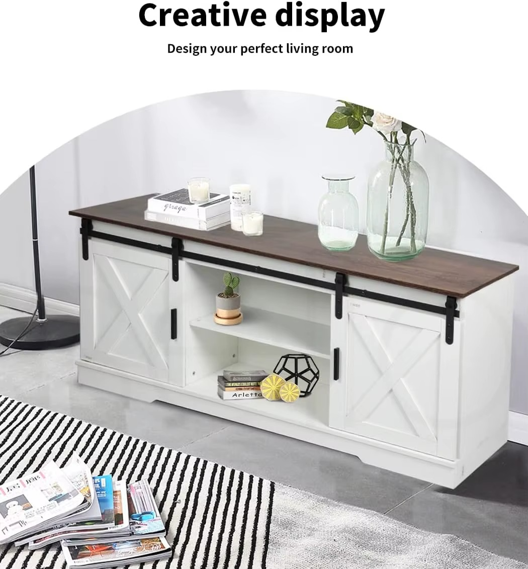 Cabinet Entertainment Unit Stand Wooden Table Sliding Barn Door, TV Unit Cabinet Adjustable Shelves, Cable Holes, Waterproof Sur