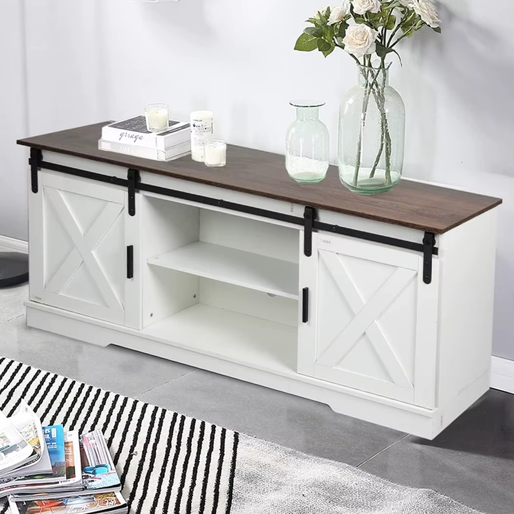 Cabinet Entertainment Unit Stand Wooden Table Sliding Barn Door, TV Unit Cabinet Adjustable Shelves, Cable Holes, Waterproof Sur