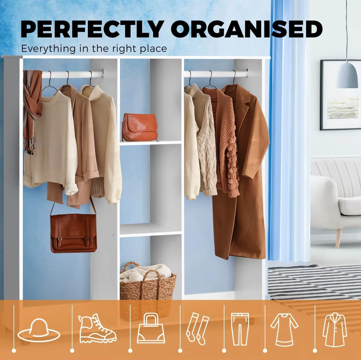 bedroom furniture Wardrobe Closet with Shelves and Wheels - Freestanding Clothes Storage Organizer for Hanging Clothes, 2 Hangi