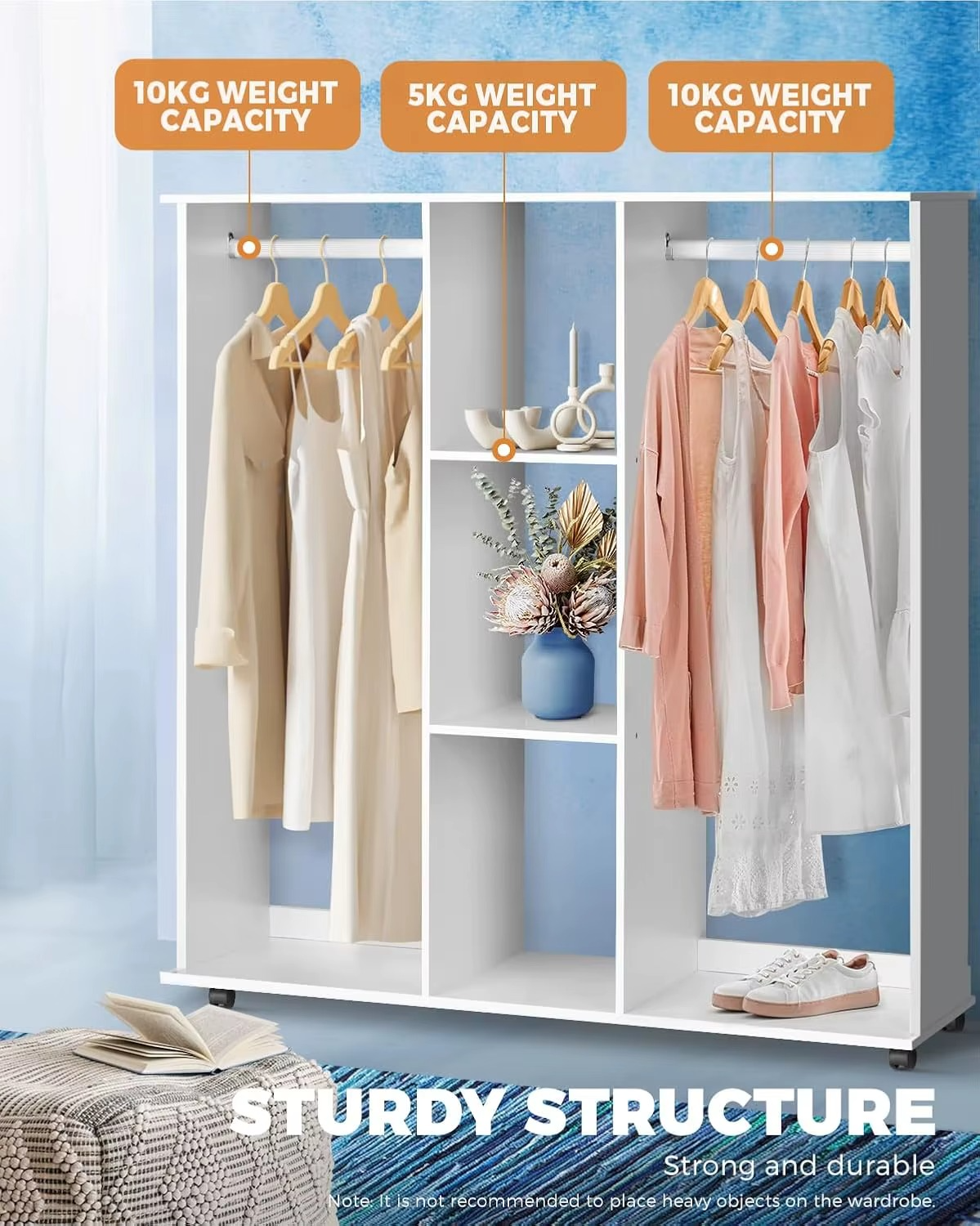bedroom furniture Wardrobe Closet with Shelves and Wheels - Freestanding Clothes Storage Organizer for Hanging Clothes, 2 Hangi