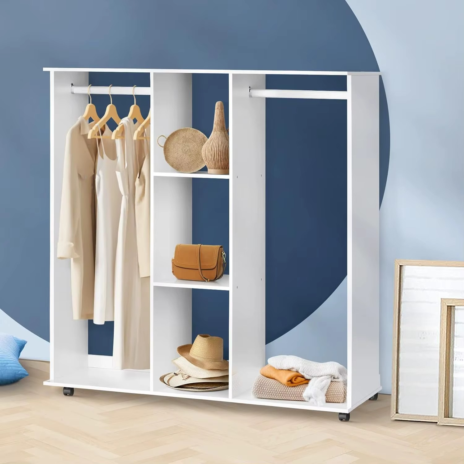 bedroom furniture Wardrobe Closet with Shelves and Wheels - Freestanding Clothes Storage Organizer for Hanging Clothes, 2 Hangi