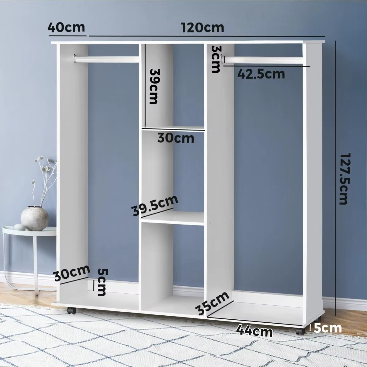 bedroom furniture Wardrobe Closet with Shelves and Wheels - Freestanding Clothes Storage Organizer for Hanging Clothes, 2 Hangi