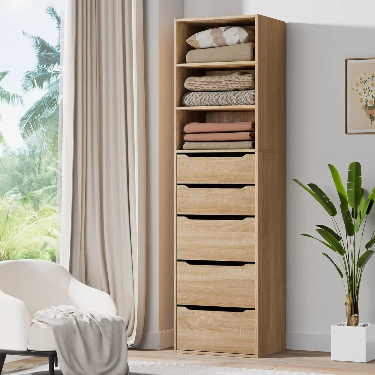 Wardrobe Cabinet with 5 Sliding Drawers and Open Shelves Wood Color, Compact Wooden Closet 50.5X 40x 185 cm, Dresser Clothing Or