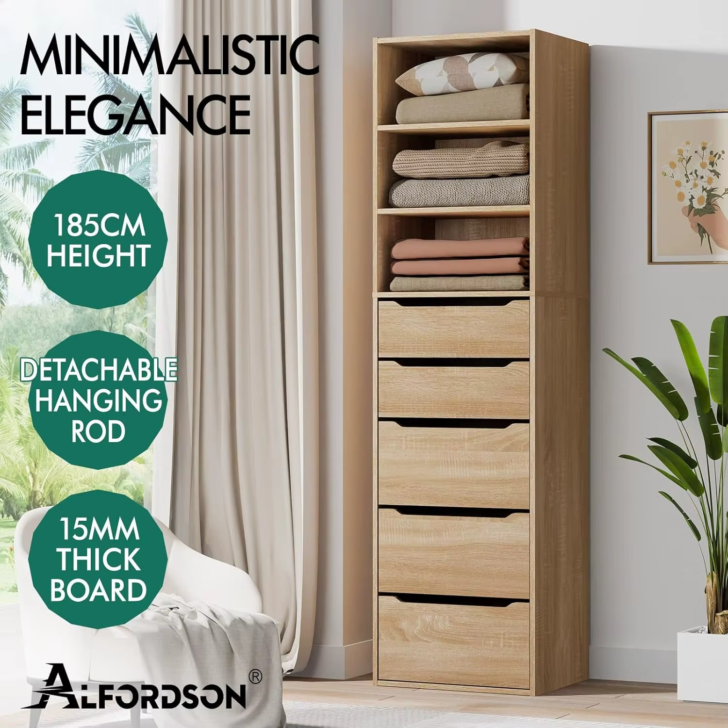 Wardrobe Cabinet with 5 Sliding Drawers and Open Shelves Wood Color, Compact Wooden Closet 50.5X 40x 185 cm, Dresser Clothing Or
