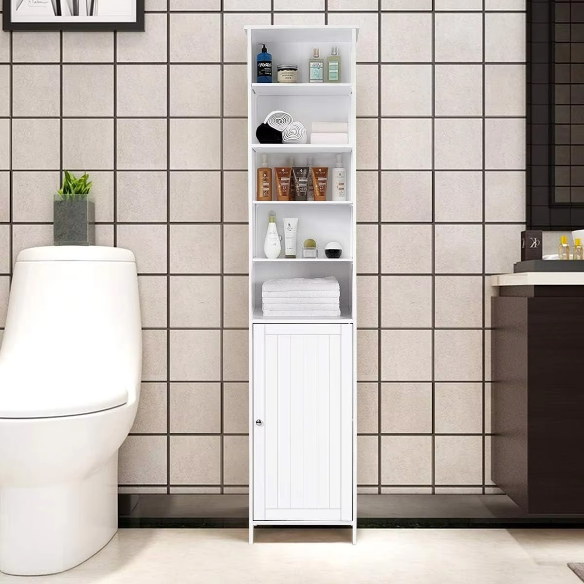 Bathroom Storage Cabinet, Wooden Bathroom Tallboy w/5 Open Shelves & 2 Internal Shelves, Anti-Tilting, Freestanding Narrow Cabin