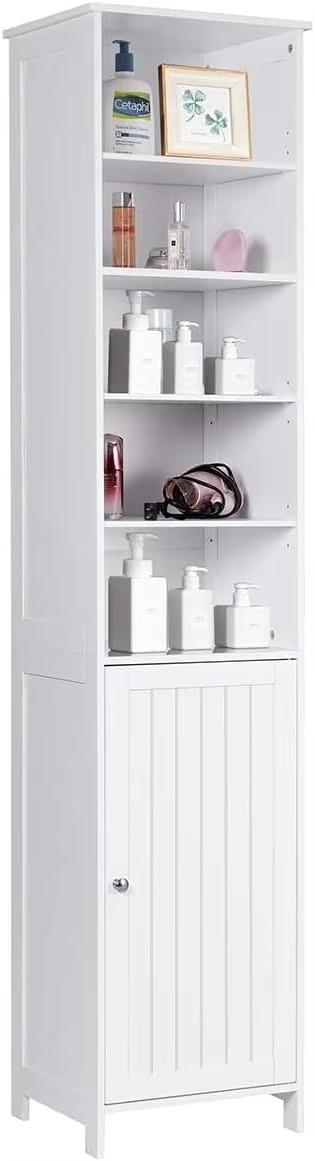 Bathroom Storage Cabinet, Wooden Bathroom Tallboy w/5 Open Shelves & 2 Internal Shelves, Anti-Tilting, Freestanding Narrow Cabin
