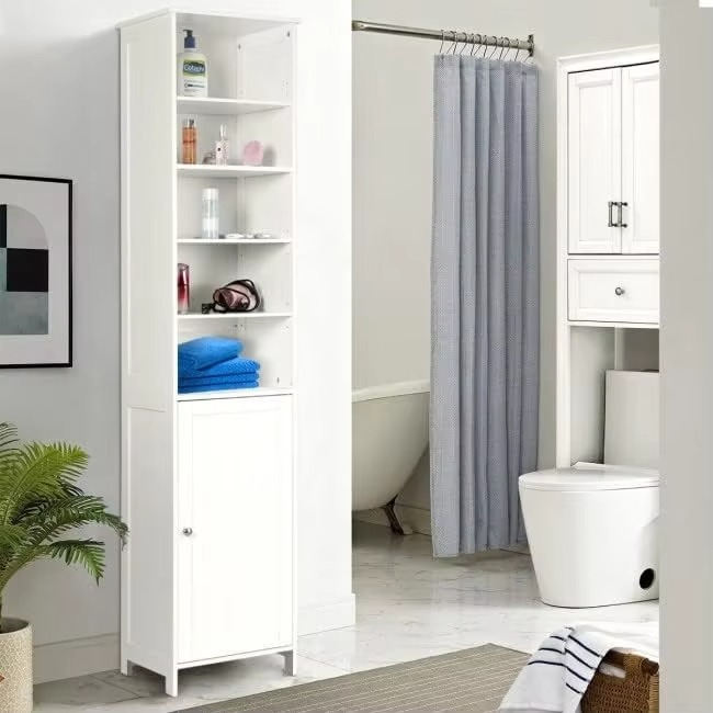 Bathroom Storage Cabinet, Wooden Bathroom Tallboy w/5 Open Shelves & 2 Internal Shelves, Anti-Tilting, Freestanding Narrow Cabin