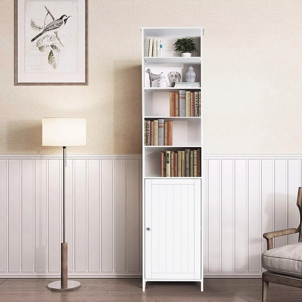Bathroom Storage Cabinet, Wooden Bathroom Tallboy w/5 Open Shelves & 2 Internal Shelves, Anti-Tilting, Freestanding Narrow Cabin