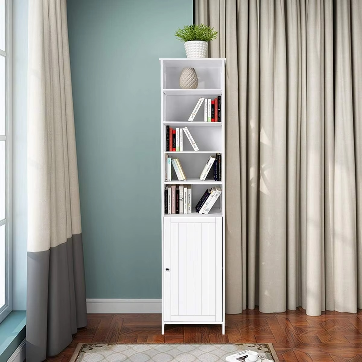Bathroom Storage Cabinet, Wooden Bathroom Tallboy w/5 Open Shelves & 2 Internal Shelves, Anti-Tilting, Freestanding Narrow Cabin