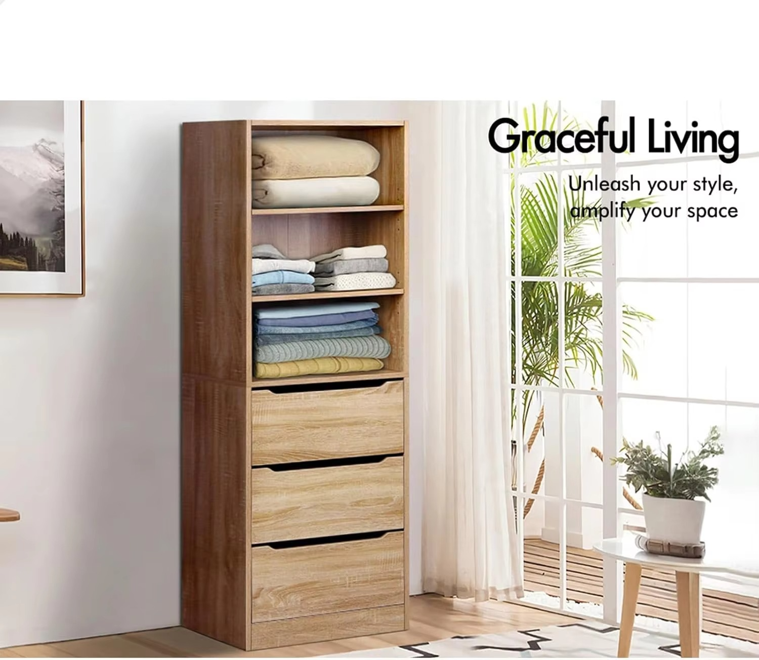 Wardrobe Cabinet with Sliding Drawers and Adjustable Shelves Wood Color, Compact Wooden Closet 50.5X 40x 160 cm, Dresser Clothin
