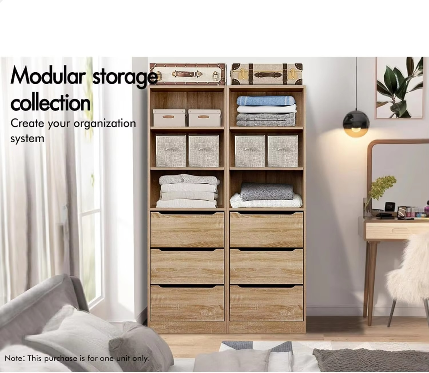 Wardrobe Cabinet with Sliding Drawers and Adjustable Shelves Wood Color, Compact Wooden Closet 50.5X 40x 160 cm, Dresser Clothin