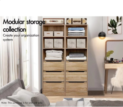 Wardrobe Cabinet with Sliding Drawers and Adjustable Shelves Wood Color, Compact Wooden Closet 50.5X 40x 160 cm, Dresser Clothin