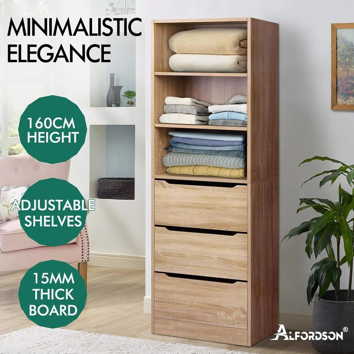 Wardrobe Cabinet with Sliding Drawers and Adjustable Shelves Wood Color, Compact Wooden Closet 50.5X 40x 160 cm, Dresser Clothin