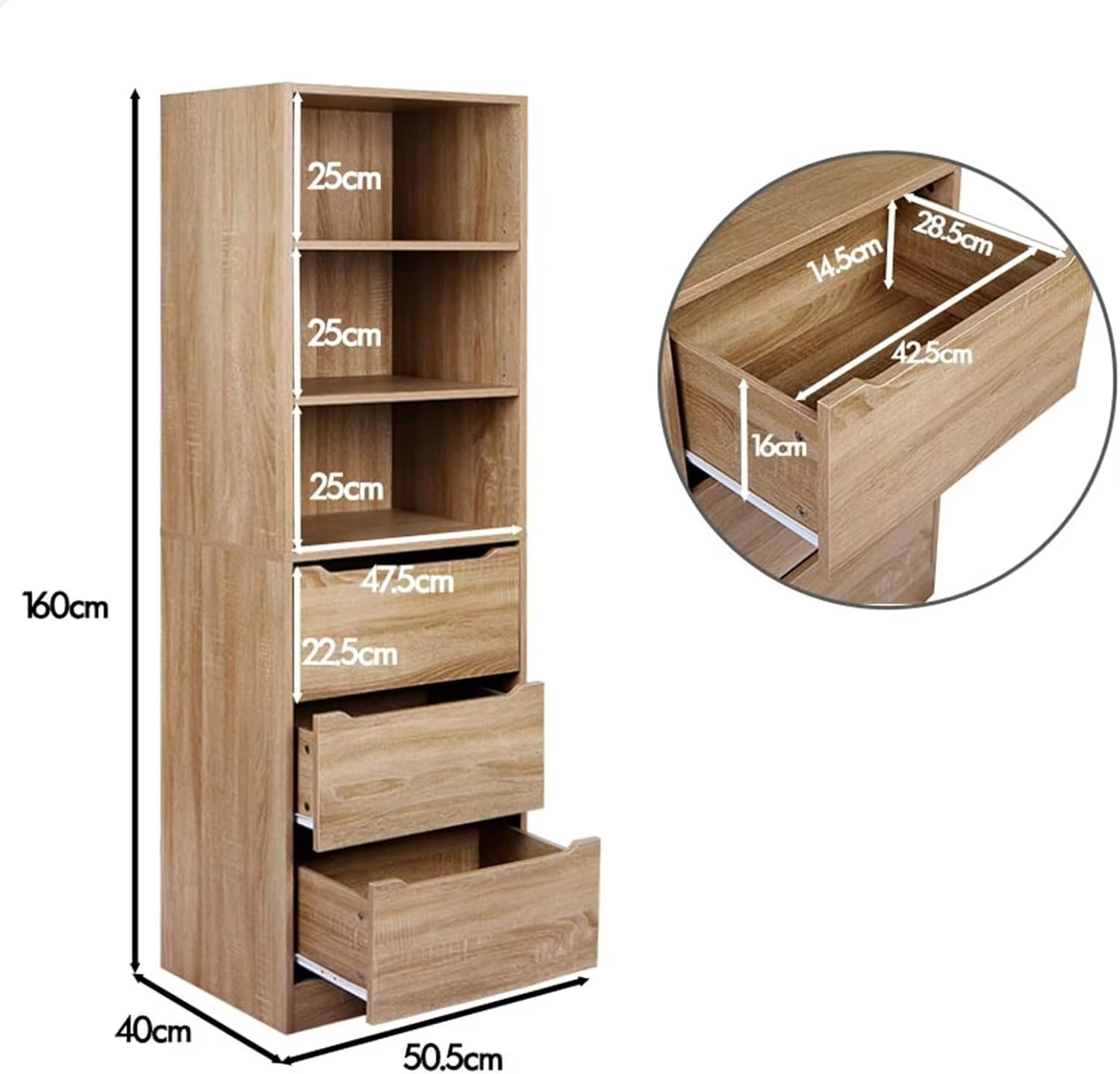 Wardrobe Cabinet with Sliding Drawers and Adjustable Shelves Wood Color, Compact Wooden Closet 50.5X 40x 160 cm, Dresser Clothin