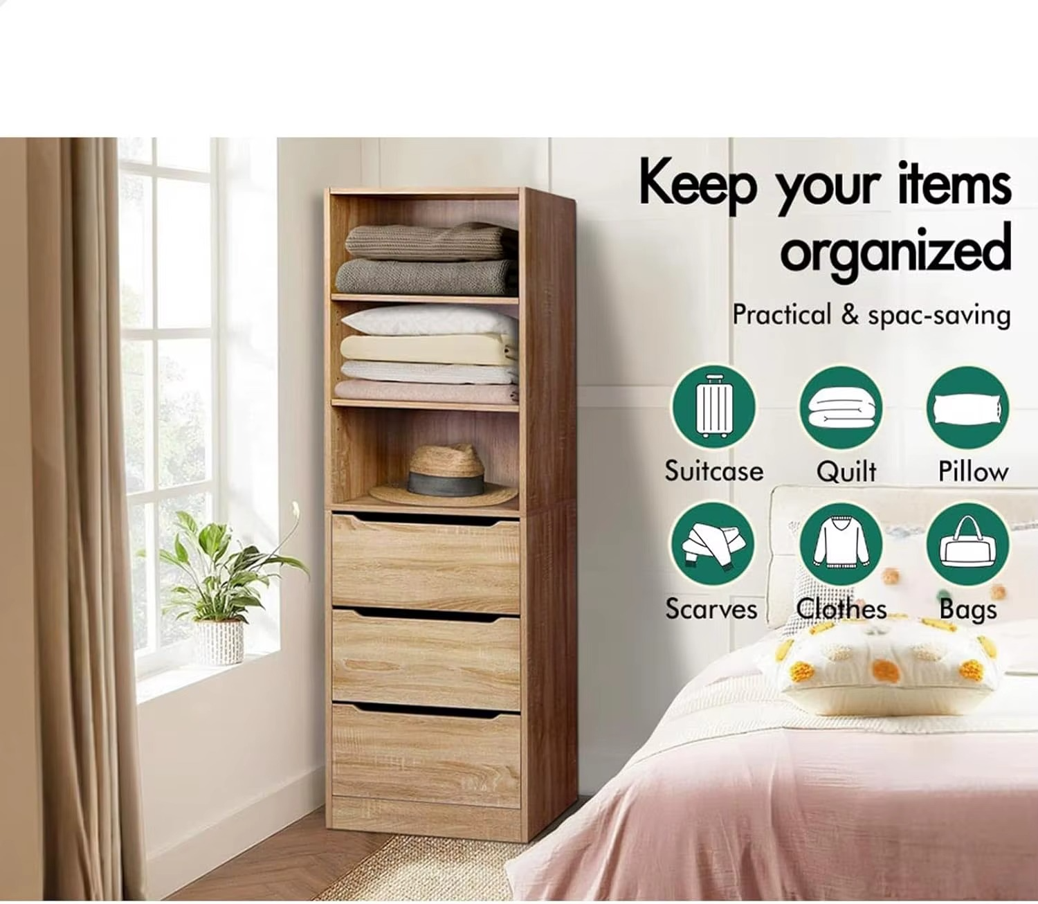 Sliding Drawers & Adjustable Shelves. Wooden Closet for Bedroom & Living Room Clothing Organization & Storage, 50.5x40x160cm