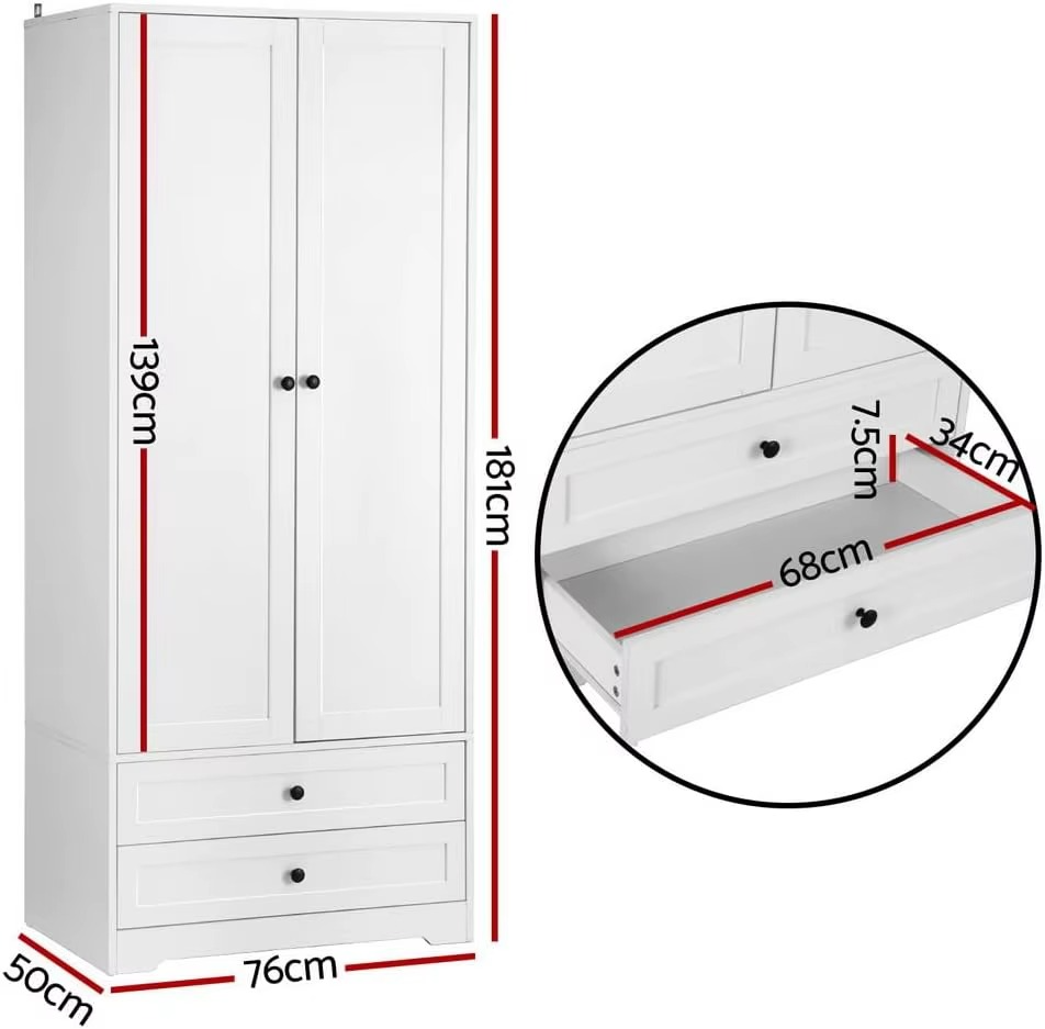 es Closet with 2 Storage Drawers, 2 Door Cupboard with Detachable Hanging Rail, for Bedroom & Living Room 181cm White