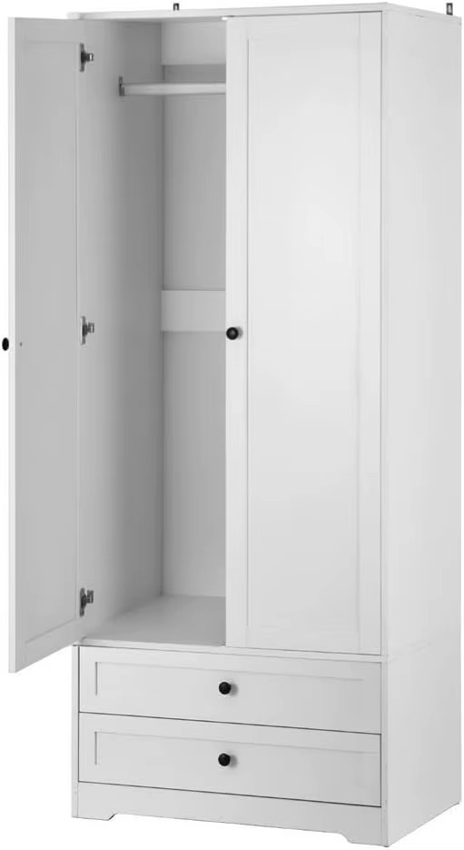es Closet with 2 Storage Drawers, 2 Door Cupboard with Detachable Hanging Rail, for Bedroom & Living Room 181cm White