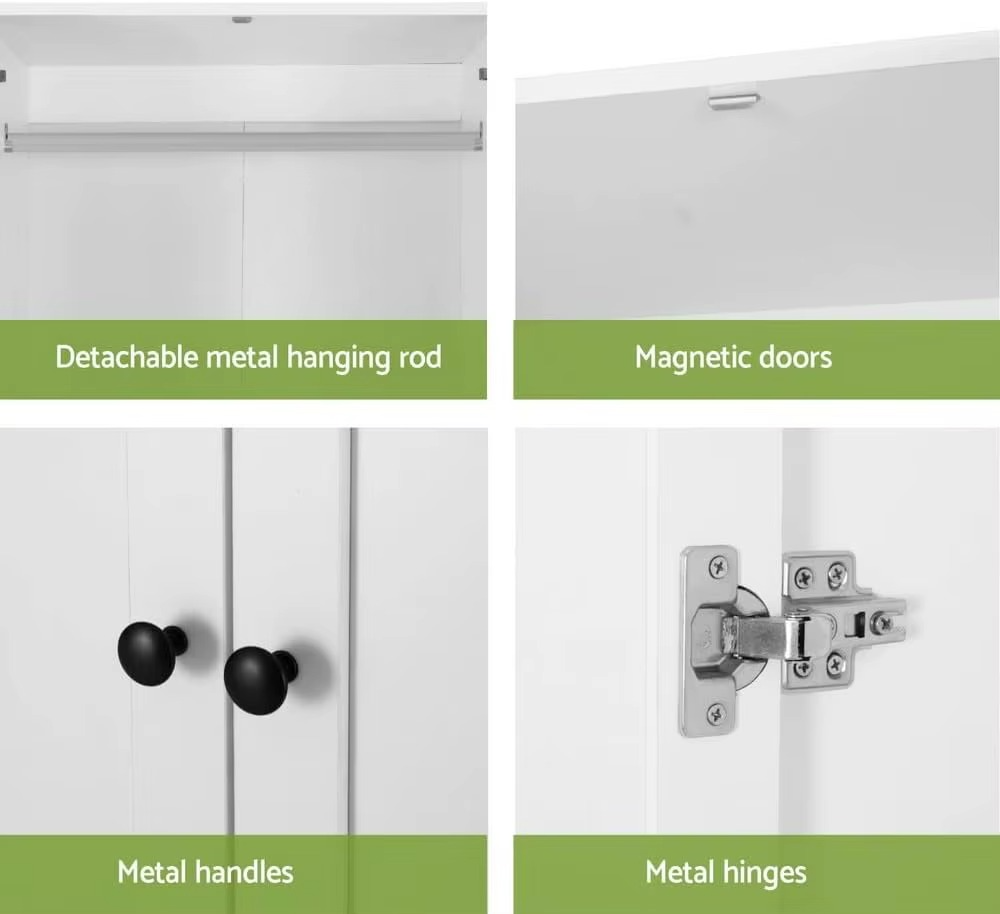 es Closet with 2 Storage Drawers, 2 Door Cupboard with Detachable Hanging Rail, for Bedroom & Living Room 181cm White