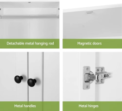 es Closet with 2 Storage Drawers, 2 Door Cupboard with Detachable Hanging Rail, for Bedroom & Living Room 181cm White
