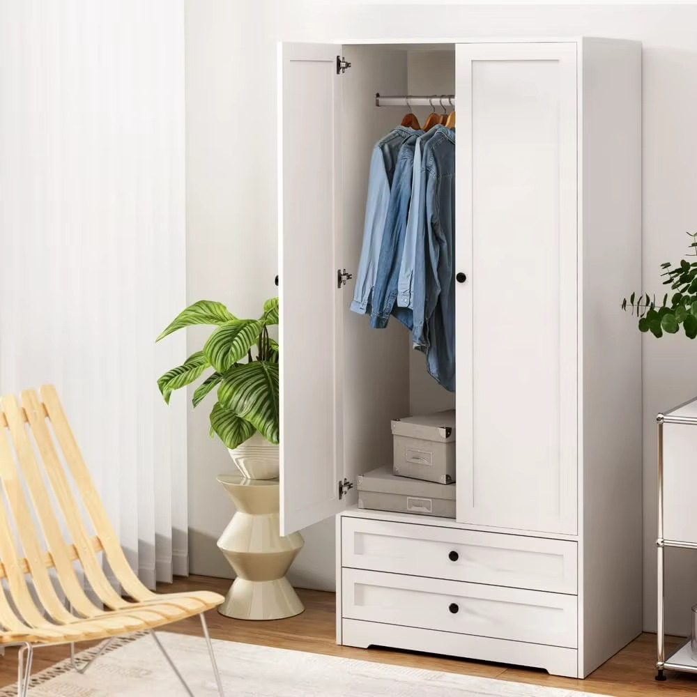 es Closet with 2 Storage Drawers, 2 Door Cupboard with Detachable Hanging Rail, for Bedroom & Living Room 181cm White