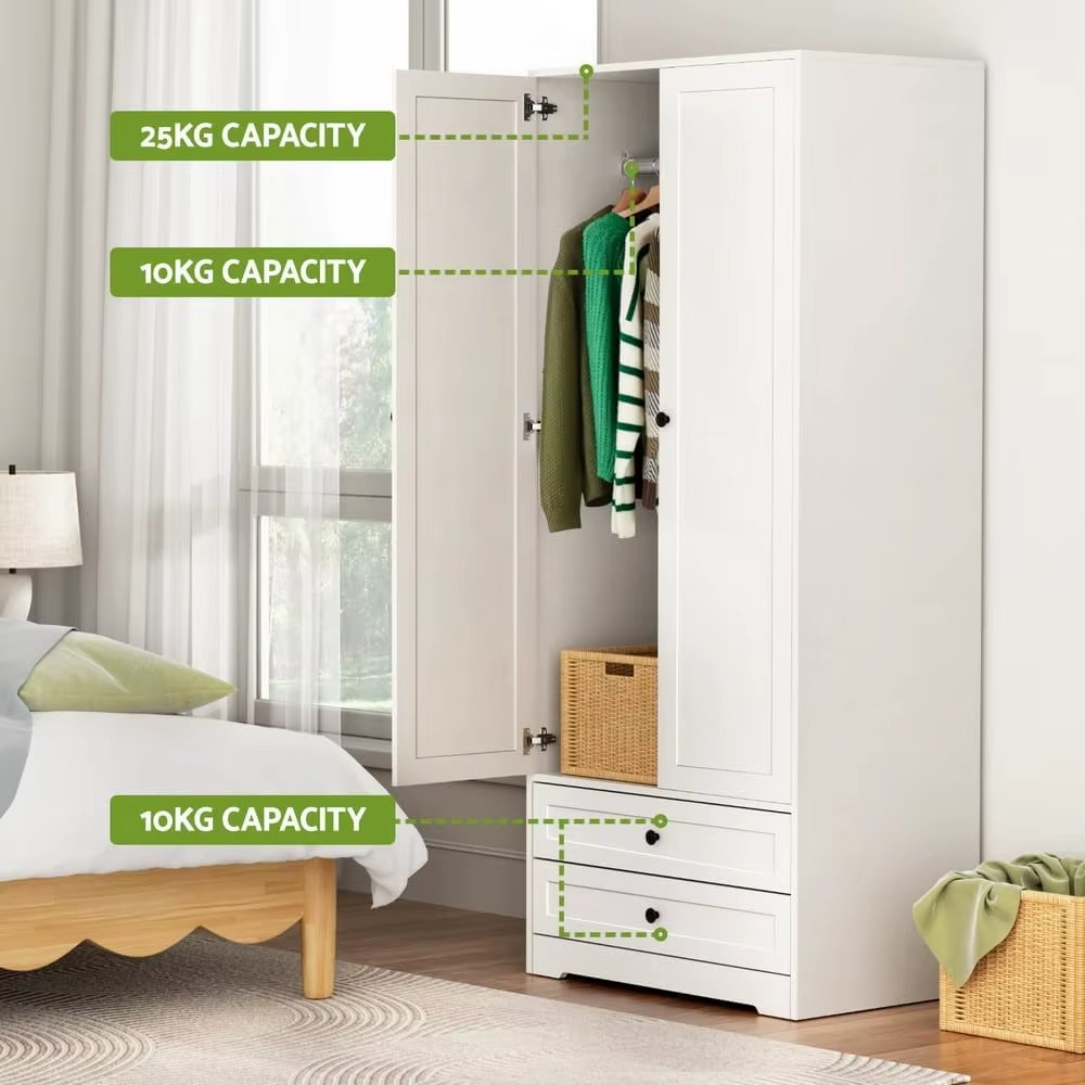 es Closet with 2 Storage Drawers, 2 Door Cupboard with Detachable Hanging Rail, for Bedroom & Living Room 181cm White