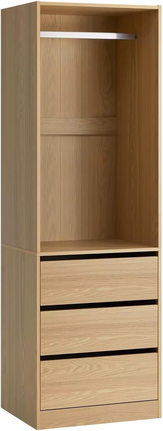 Open Wardrobe Clothes Storage Cabinet with Hanging Rail and 3 Drawers Wooden 60 x 48 x 185
