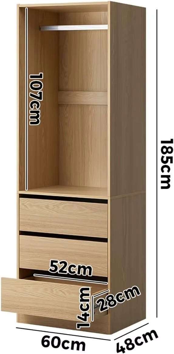 Open Wardrobe Clothes Storage Cabinet with Hanging Rail and 3 Drawers Wooden 60 x 48 x 185