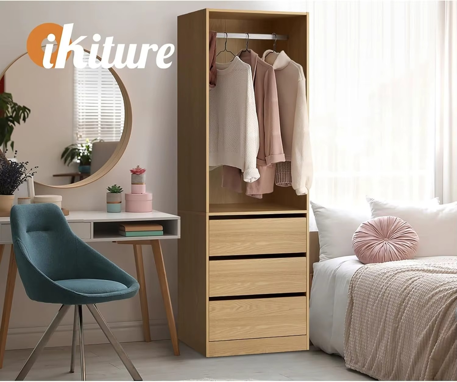 Open Wardrobe Clothes Storage Cabinet with Hanging Rail and 3 Drawers Wooden 60 x 48 x 185