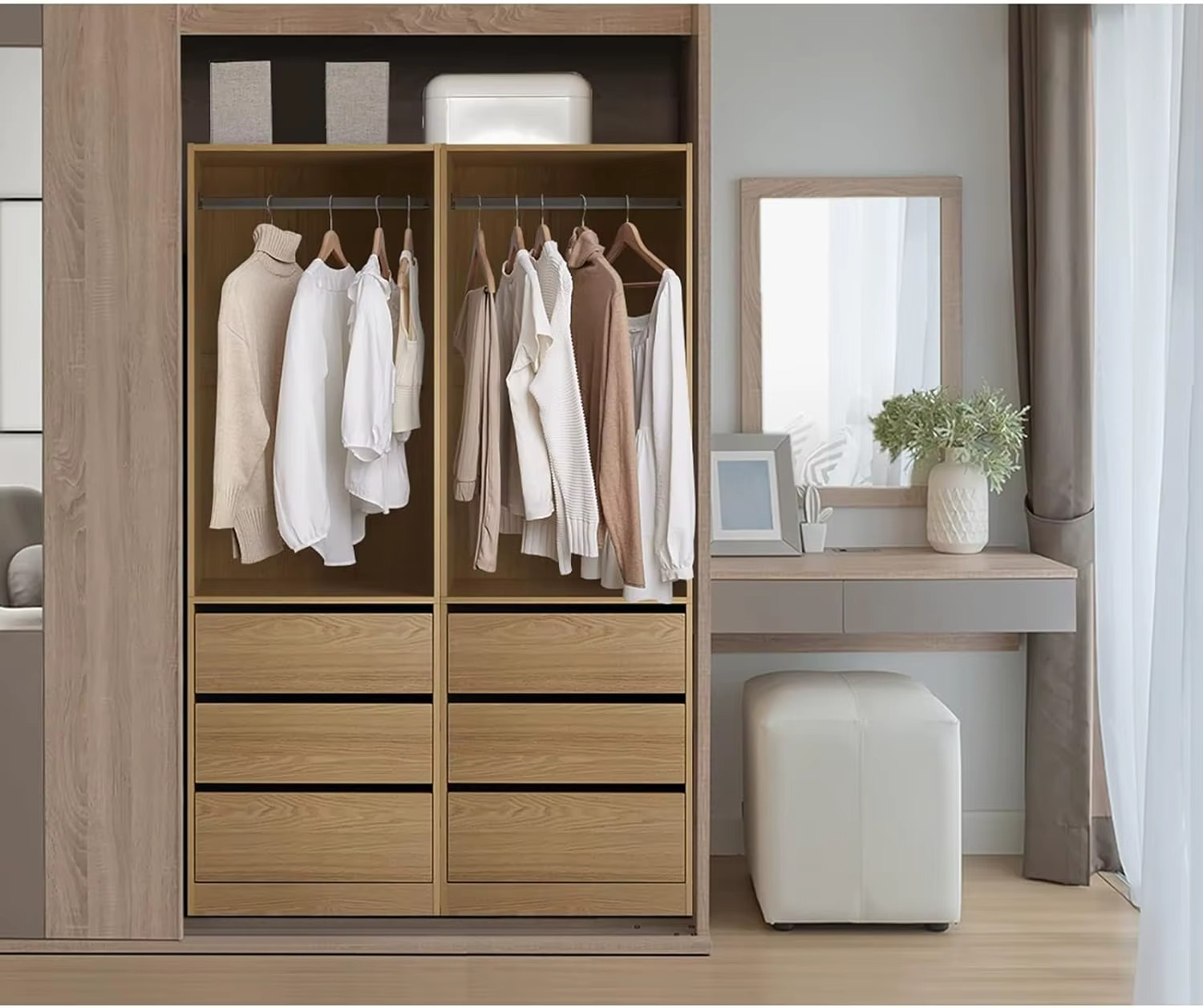 Open Wardrobe Clothes Storage Cabinet with Hanging Rail and 3 Drawers Wooden 60 x 48 x 185