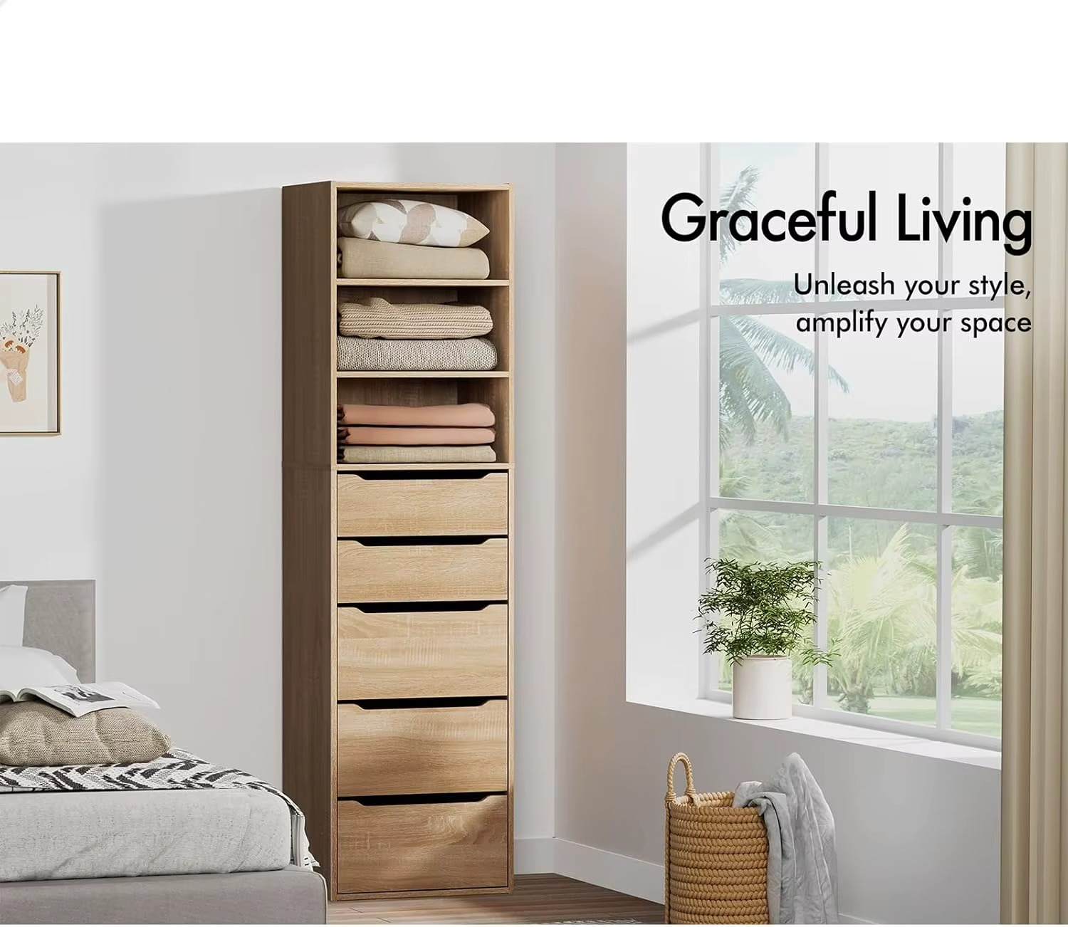 Wardrobe Cabinet with 5 Sliding Drawers and Open Shelves Wood Color, Compact Wooden Closet 50.5X 40x 185 cm, Dresser Clothing Or