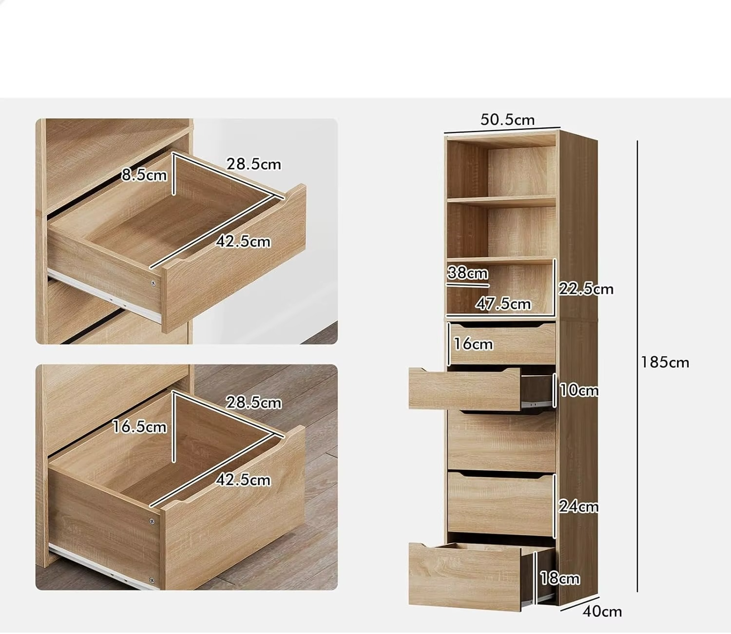 Wardrobe Cabinet with 5 Sliding Drawers and Open Shelves Wood Color, Compact Wooden Closet 50.5X 40x 185 cm, Dresser Clothing Or