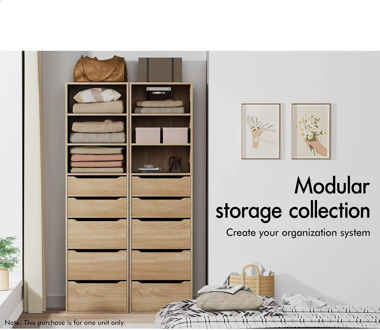 Wardrobe Cabinet with 5 Sliding Drawers and Open Shelves Wood Color, Compact Wooden Closet 50.5X 40x 185 cm, Dresser Clothing Or