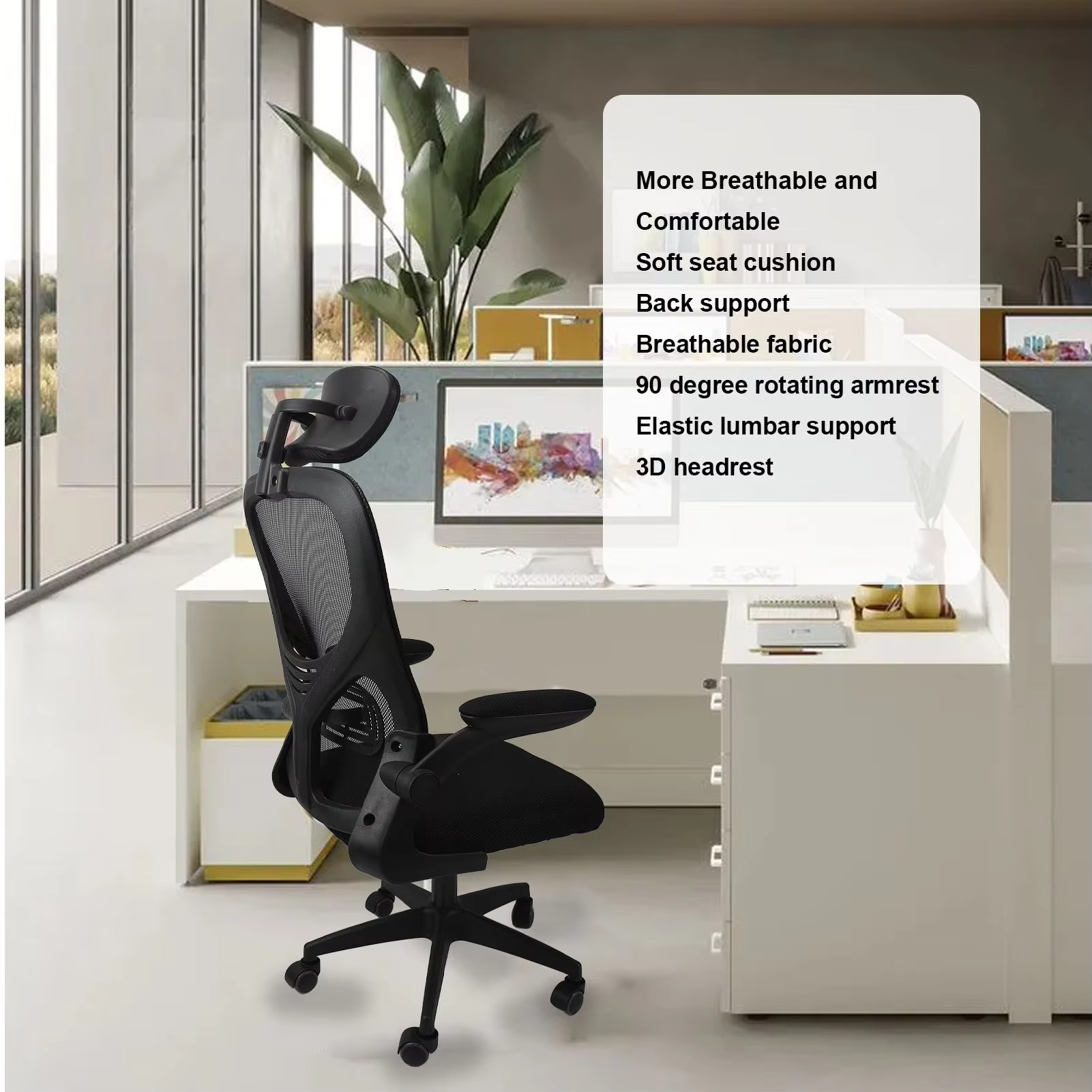 Computer Chair 330.7lb Load Capacity Elastic Lumbar Support 90 Degree Rotating Armrests Comfortable Chair for Work