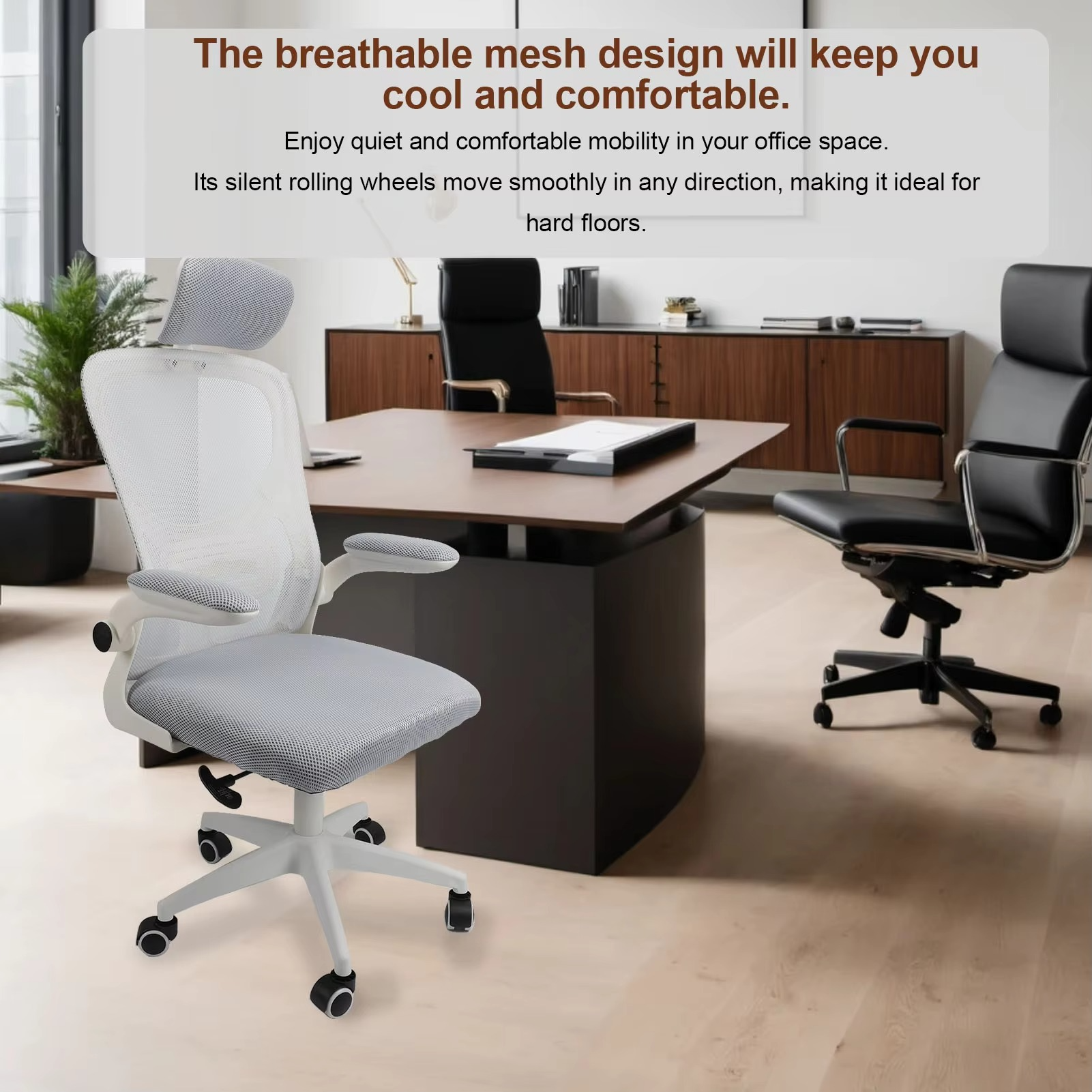 Chair Computer Desk Chair Comfortable Elastic Lumbar Support 90 Degree Rotating Armrests with 5 Wheels for Work