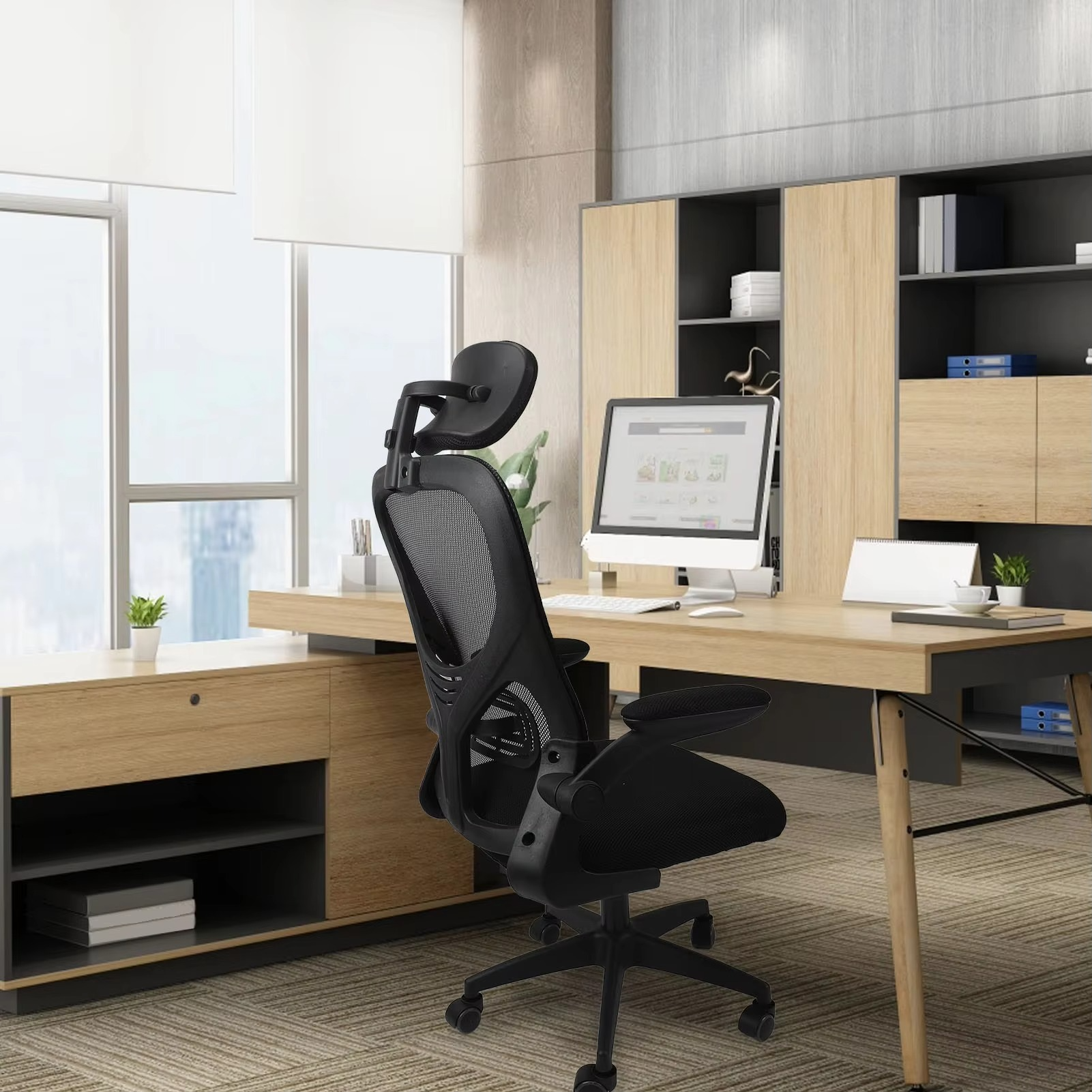 Chair Computer Desk Chair Comfortable Elastic Lumbar Support 90 Degree Rotating Armrests with 5 Wheels for Work