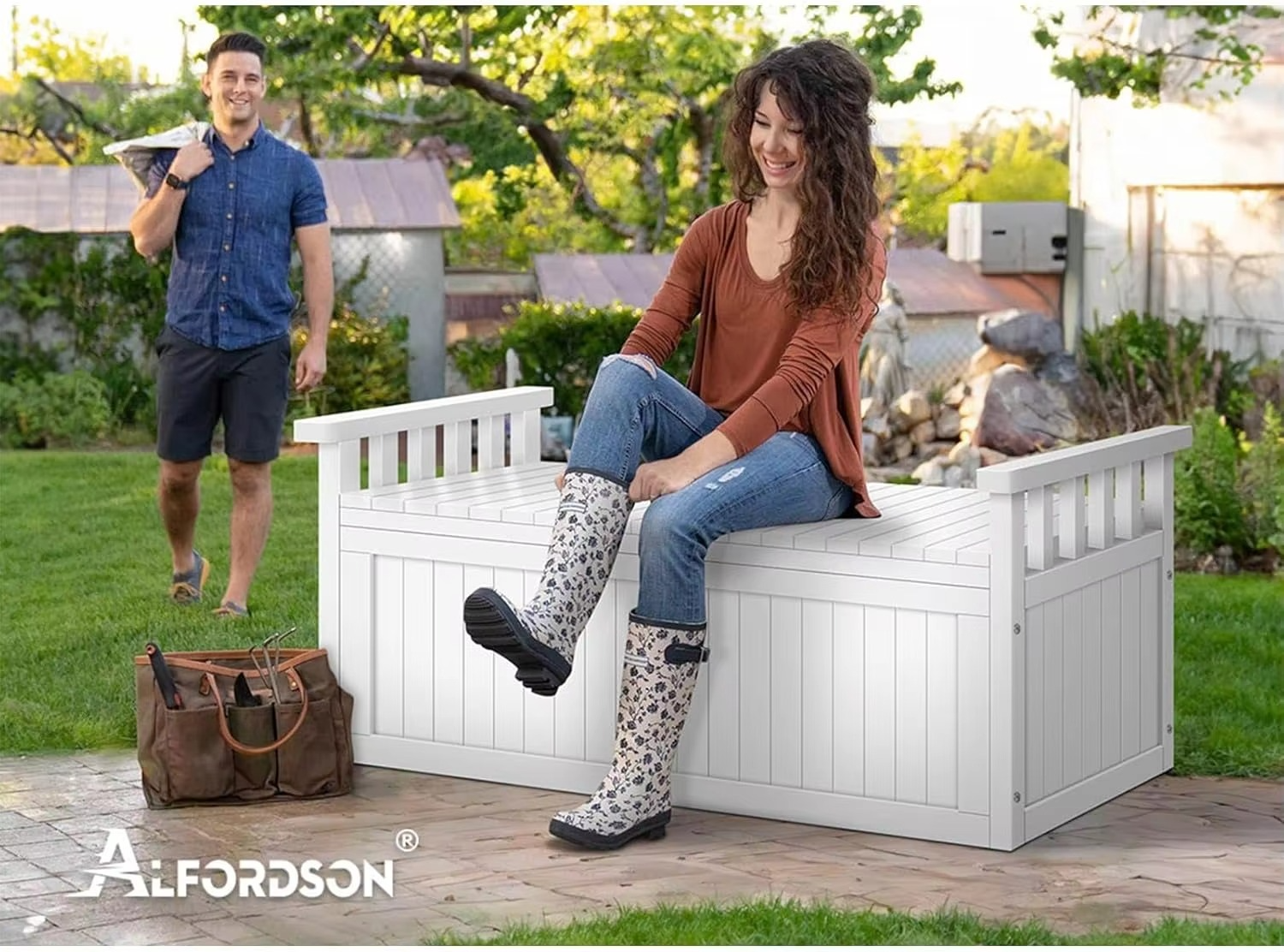 Outdoor Wooden Bench Storage Box, Durable Fir Wood Cabinet Garden Seat with 200L Storage Capacity, Tool Chest Toy Storages Cabin